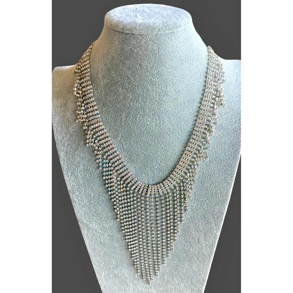 Rhinestone Fringe Statement Necklace Waterfall Bib Bridal Pageant Prom